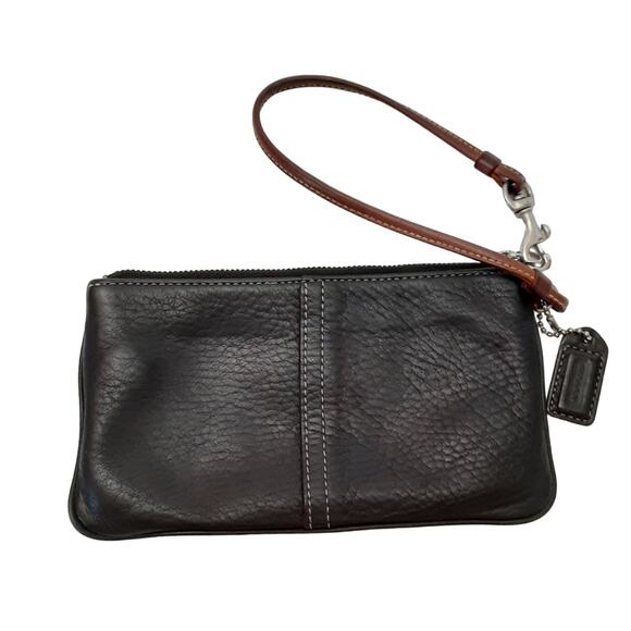 Coach Wristlet Black Pebble Leather Cognac Brown Strap Vintage Clutch Old Money - Picture 2 of 10